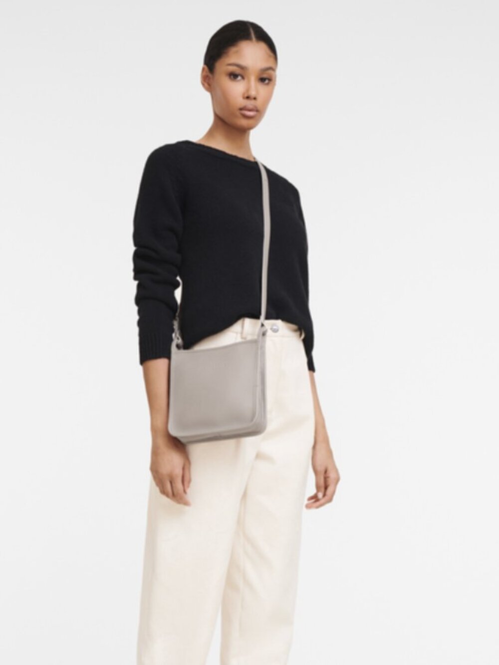new! Longchamp Small Le Foulonné leather crossbody light grey neutral bag RARE!